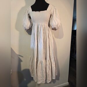 Linen S Dress Full Skirt fitted Bodice Puff Cap Sleeve Romantic Feminine